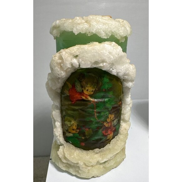 Christmas Pilar Candles Green Angels Pixie Puffy Snow Design Set of 2 Retro 6" - Picture 4 of 8